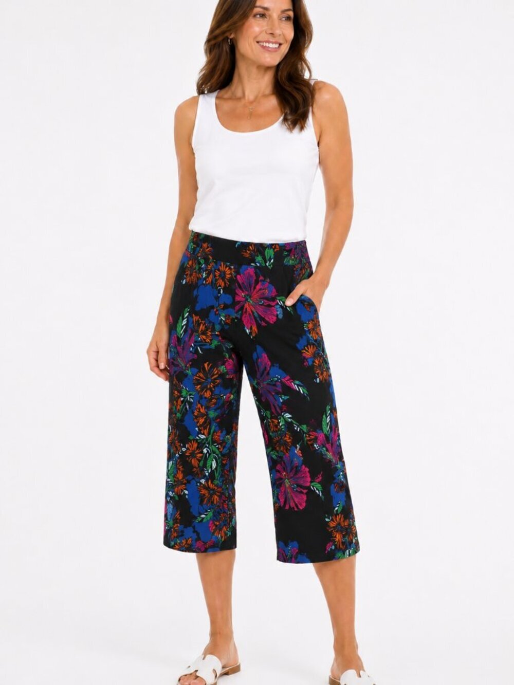 IMAN Global Chic Floral Pants XL Black Blue Stretch Pull-On cropped pants